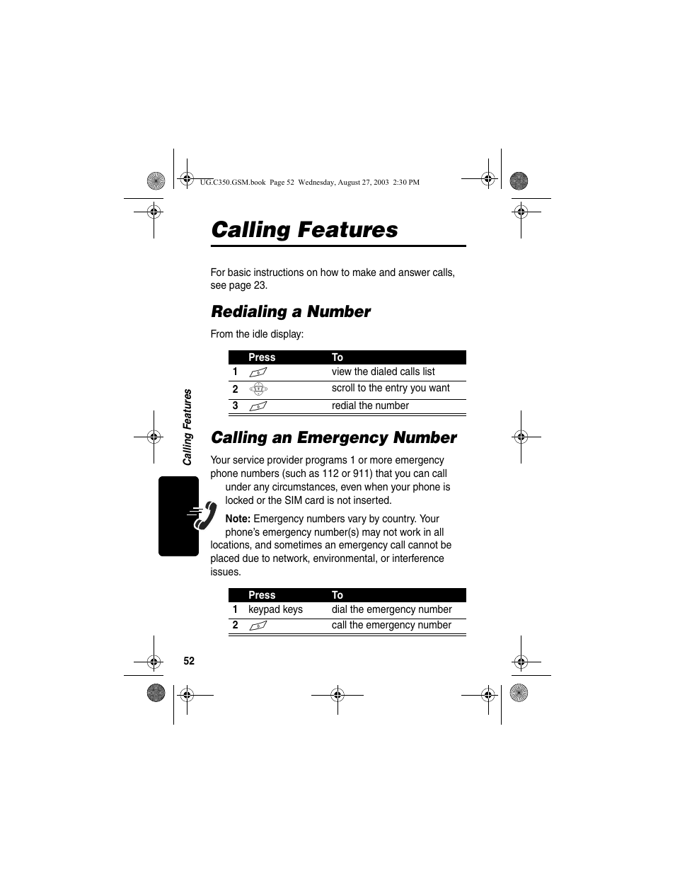 Calling features, Redialing a number, Calling an emergency number | Redialing a number calling an emergency number | Motorola C256 User Manual | Page 54 / 120