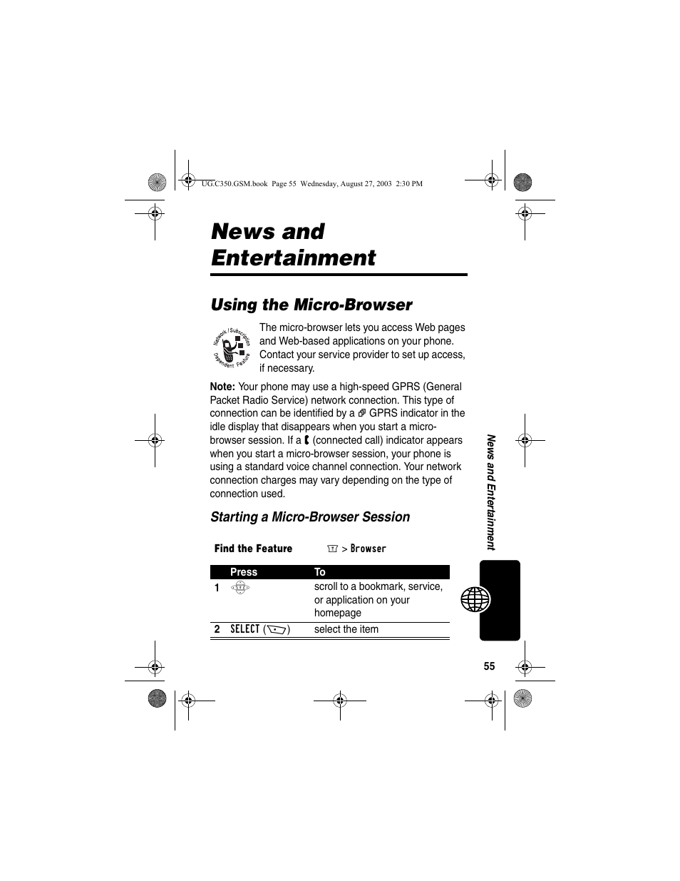 News and entertainment, Using the micro-browser | Motorola C256 User Manual | Page 57 / 120