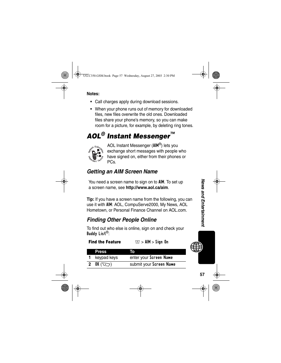 Aol® instant messenger, Instant messenger, Getting an aim screen name | Finding other people online | Motorola C256 User Manual | Page 59 / 120