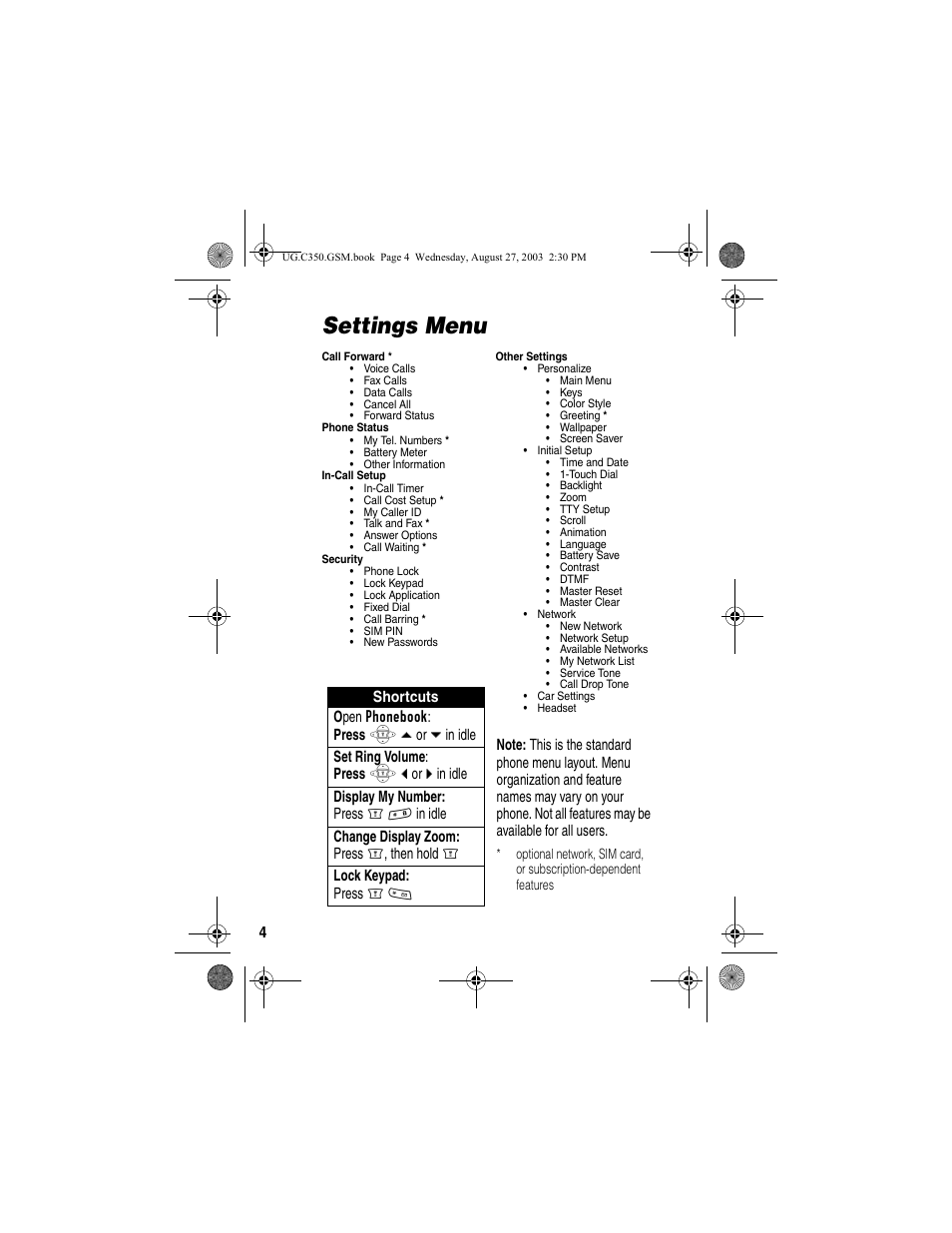 Settings menu | Motorola C256 User Manual | Page 6 / 120