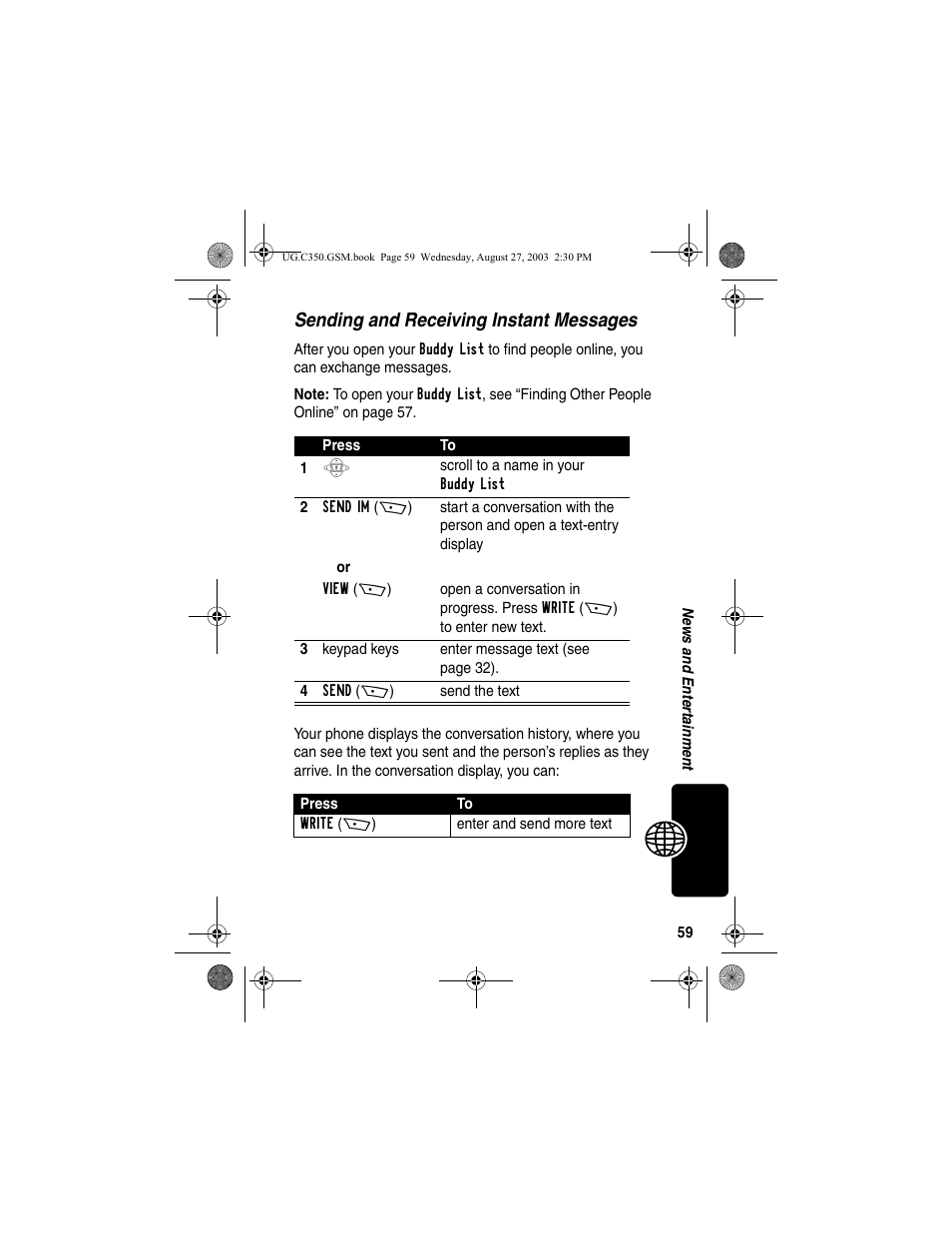 Sending and receiving instant messages | Motorola C256 User Manual | Page 61 / 120