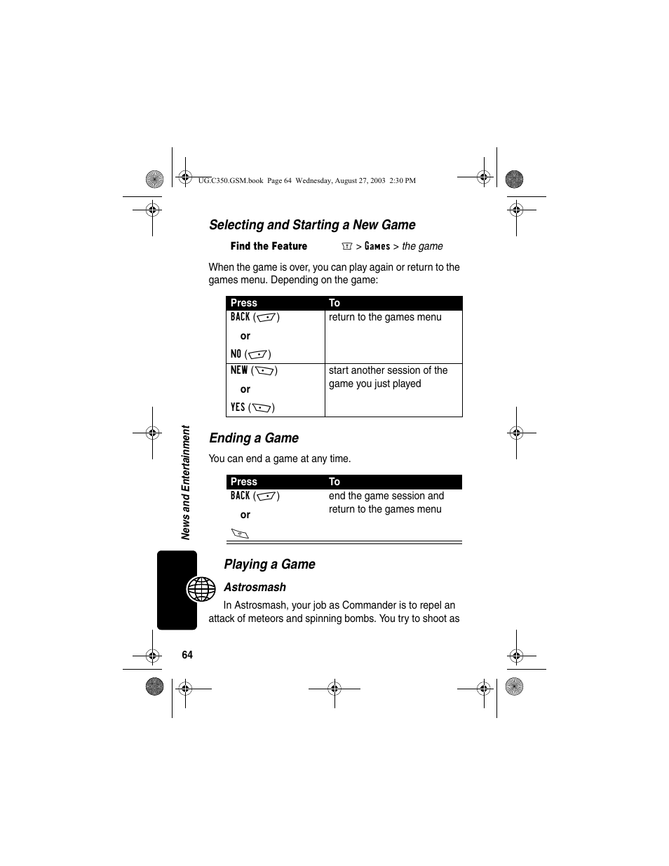 Selecting and starting a new game, Ending a game, Playing a game | Motorola C256 User Manual | Page 66 / 120