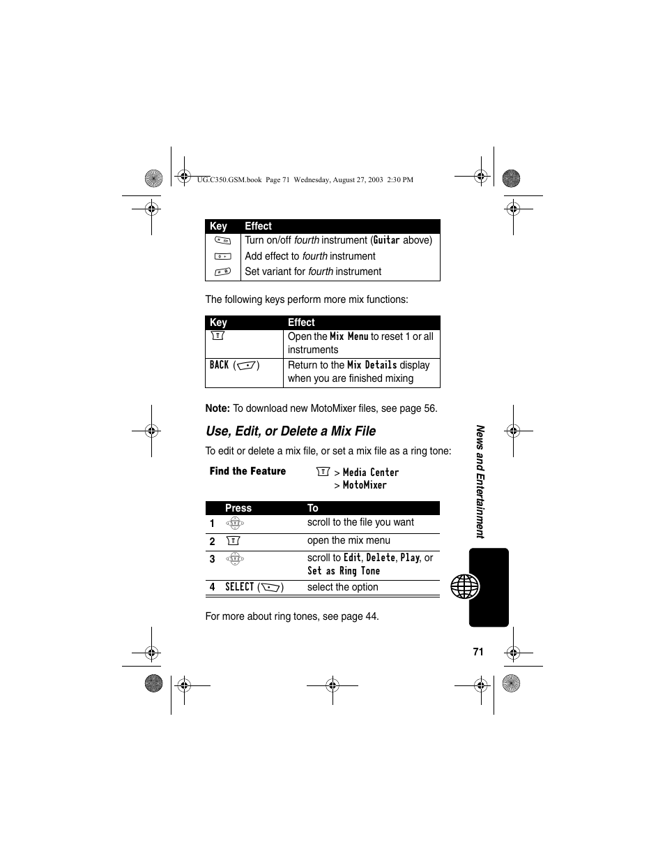 Use, edit, or delete a mix file | Motorola C256 User Manual | Page 73 / 120