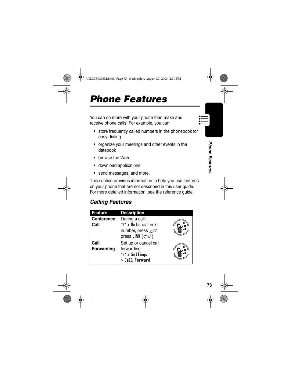 Phone features, Calling features | Motorola C256 User Manual | Page 75 / 120