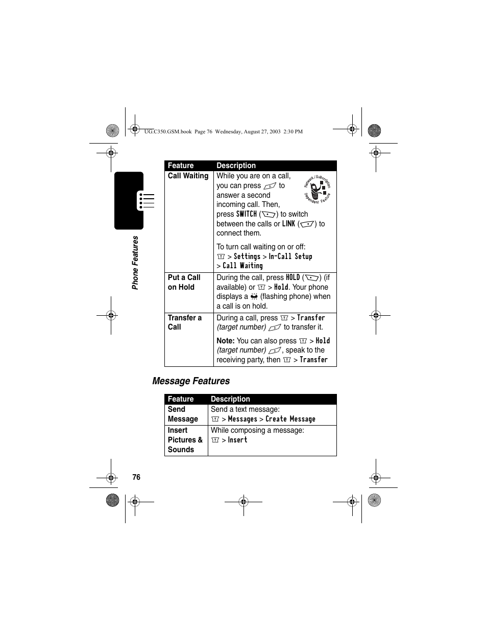 Message features | Motorola C256 User Manual | Page 78 / 120