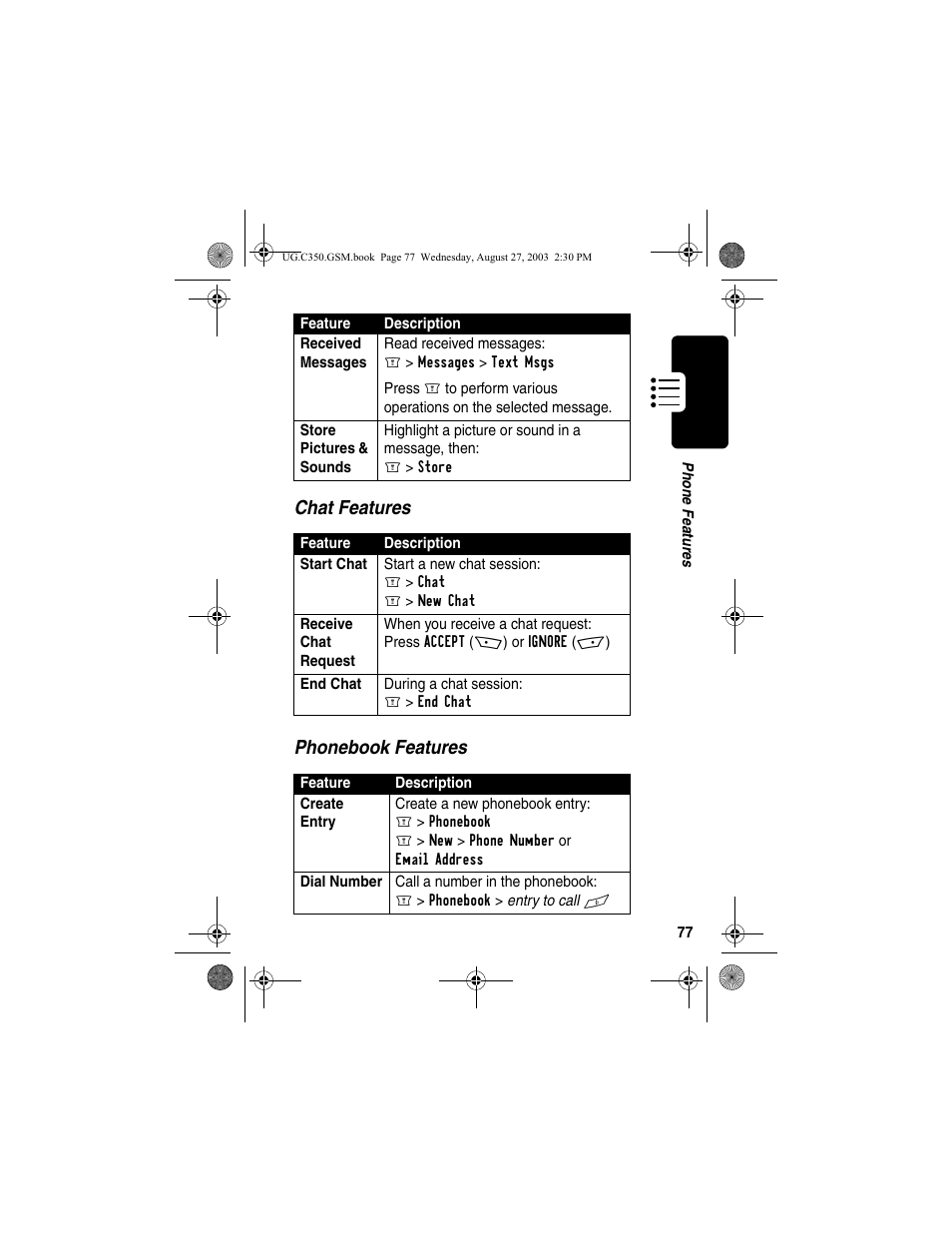 Chat features phonebook features | Motorola C256 User Manual | Page 79 / 120