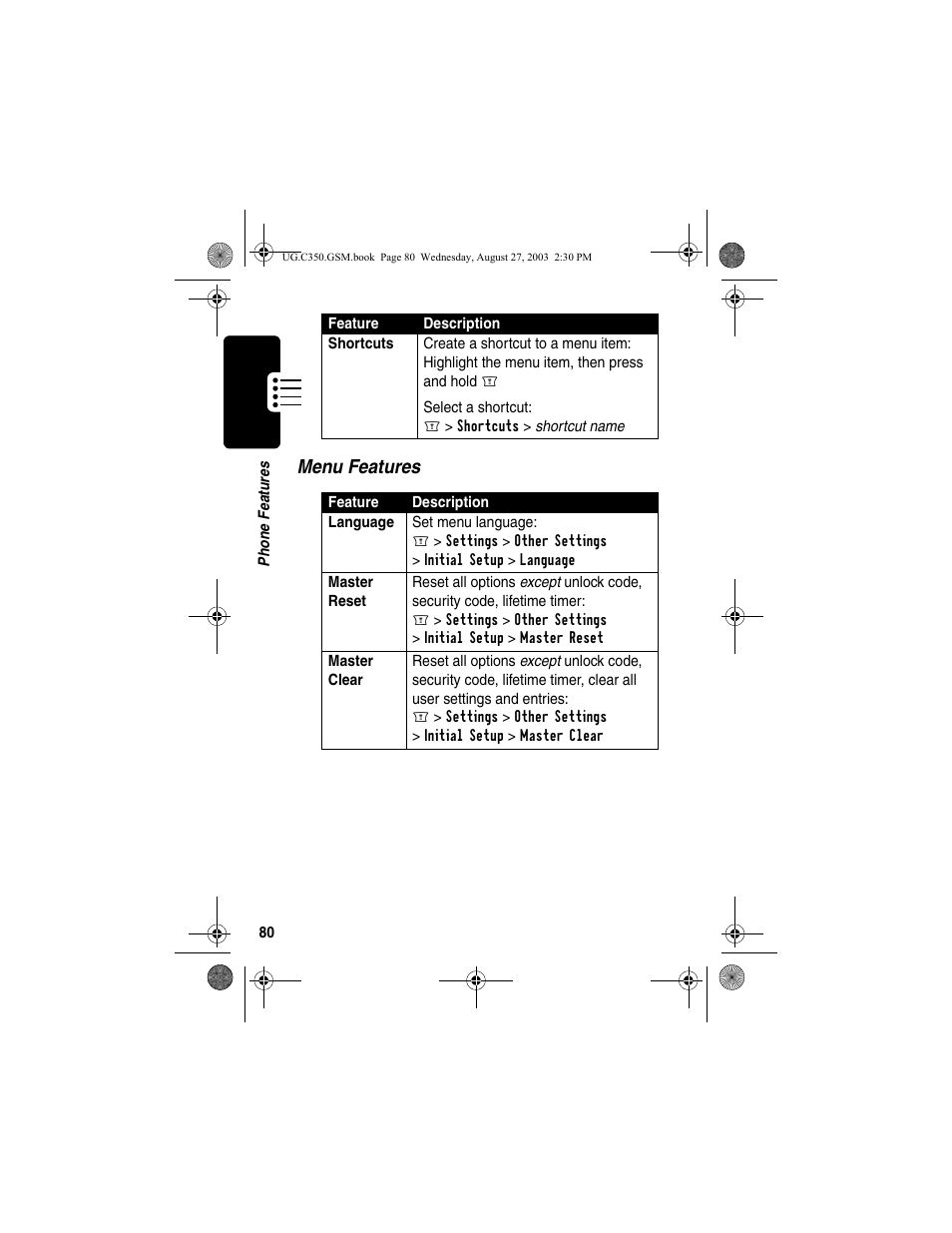 Menu features | Motorola C256 User Manual | Page 82 / 120