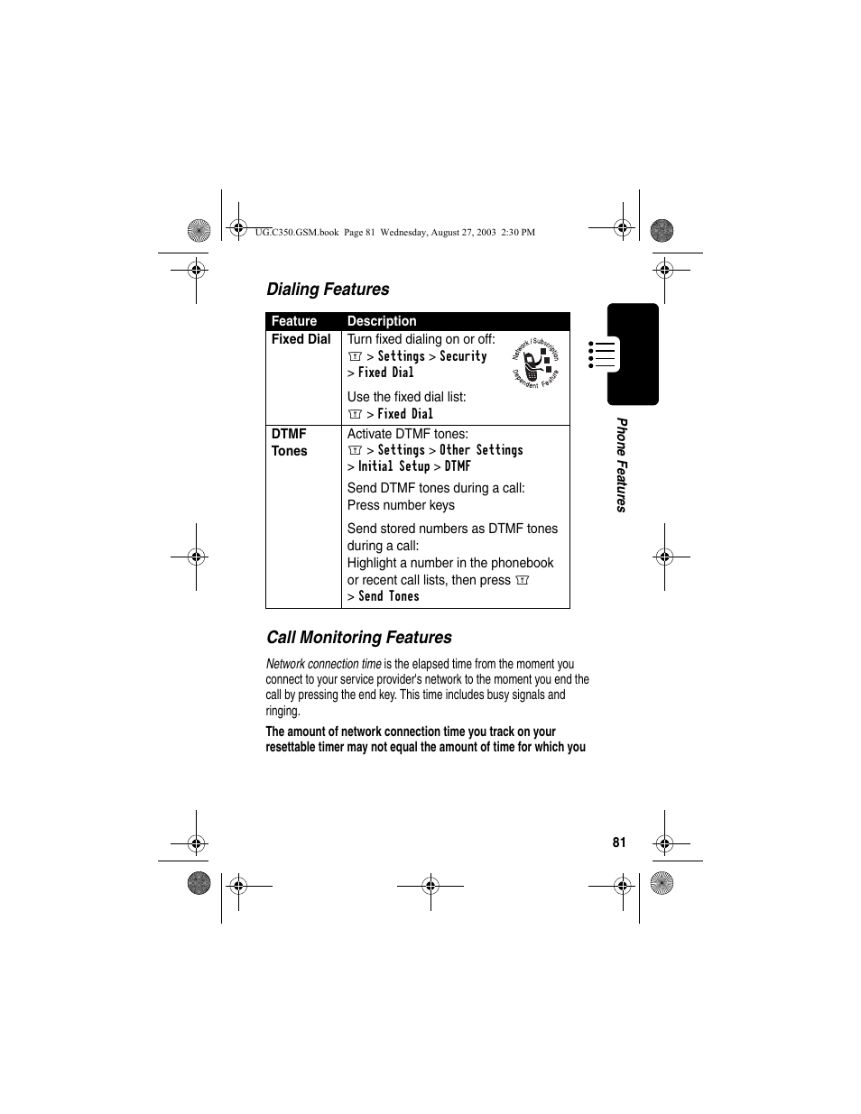 Dialing features call monitoring features | Motorola C256 User Manual | Page 83 / 120