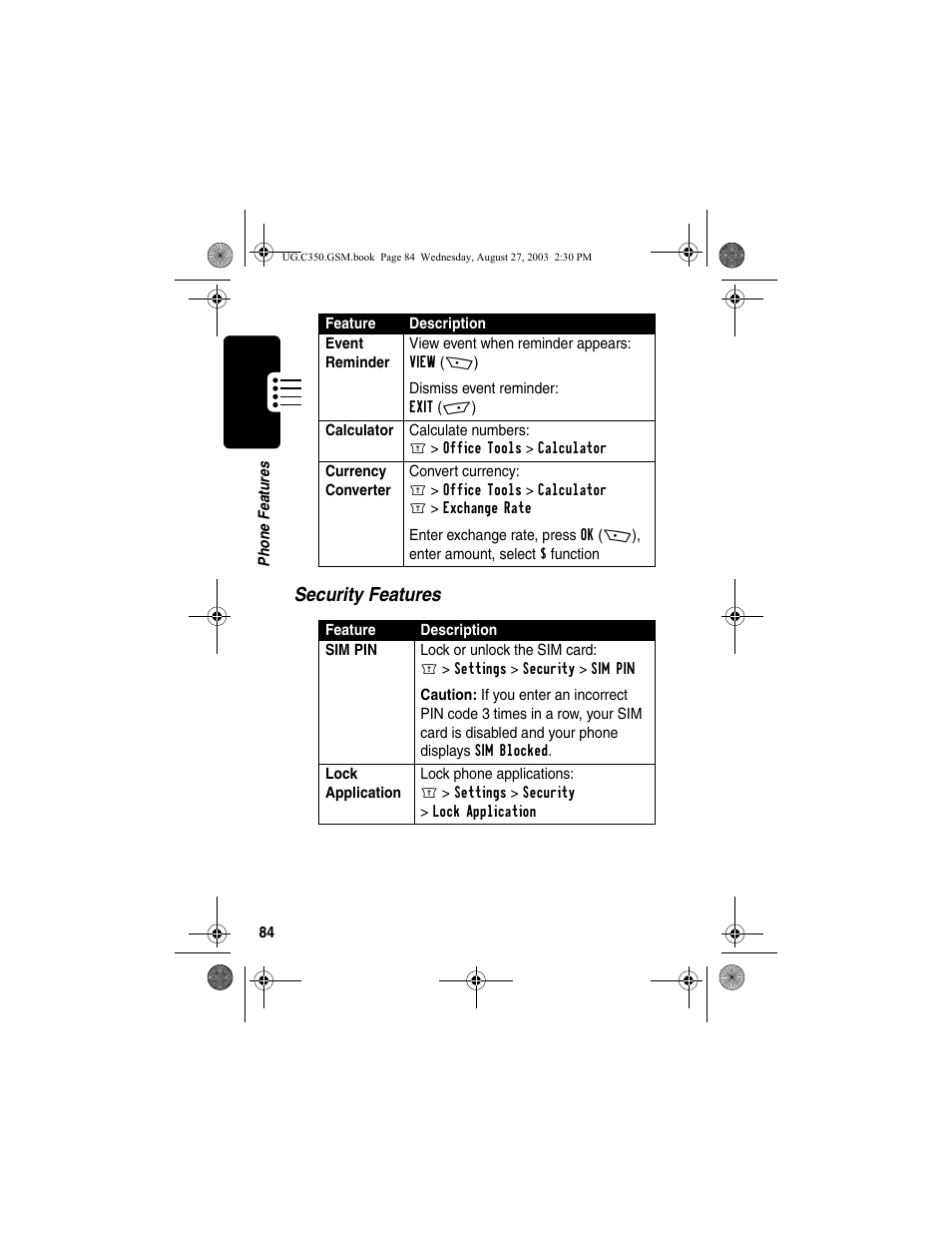 Security features | Motorola C256 User Manual | Page 86 / 120