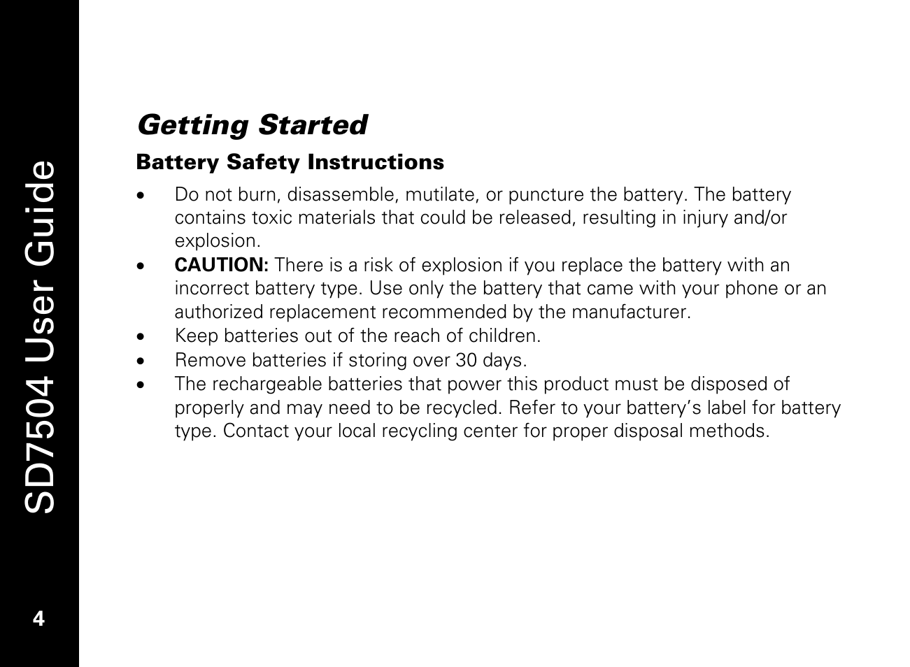 Getting started, Battery safety instructions, Sd7504 user guide | Motorola SD7550 User Manual | Page 14 / 34