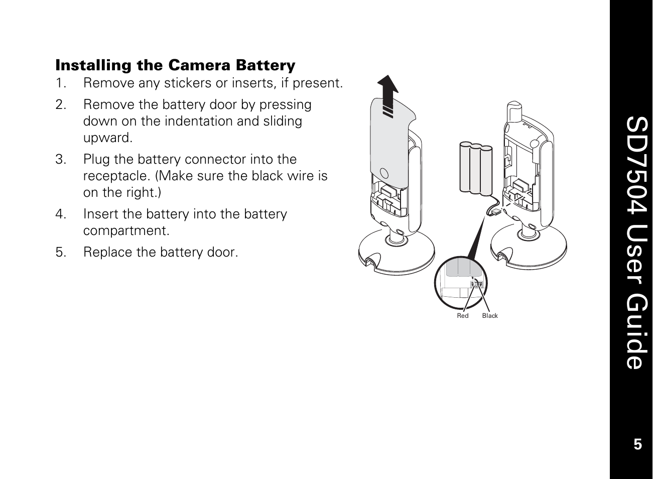 Installing the camera battery, Sd7504 u ser guide | Motorola SD7550 User Manual | Page 15 / 34