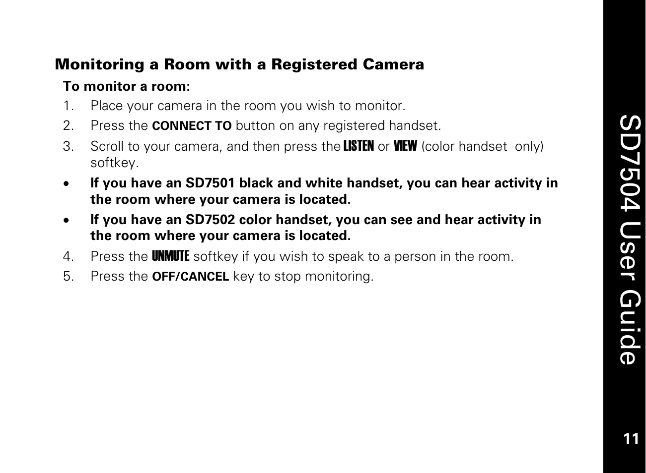 Monitoring a room with a registered camera, Monitoring a room with a registered handset, Sd7504 u ser guide | Motorola SD7550 User Manual | Page 21 / 34