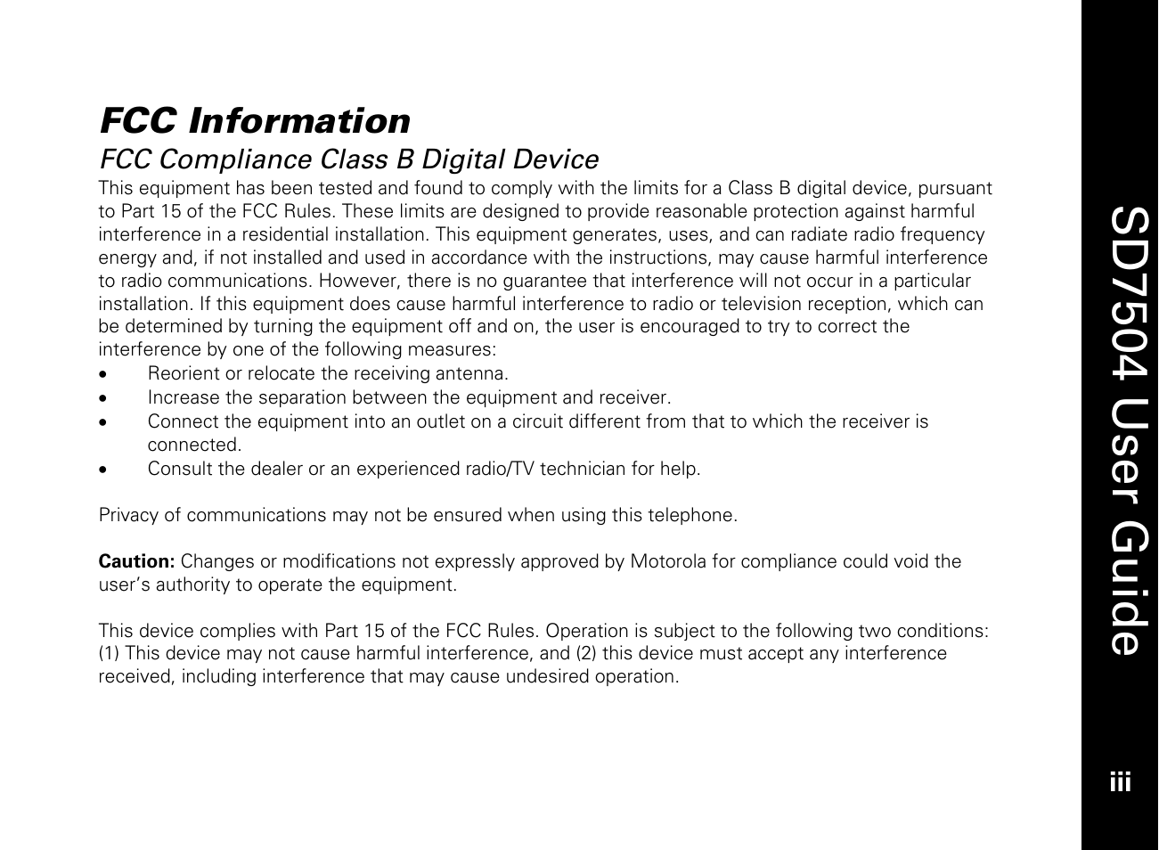 Sd7504 user guide, Fcc information | Motorola SD7550 User Manual | Page 5 / 34