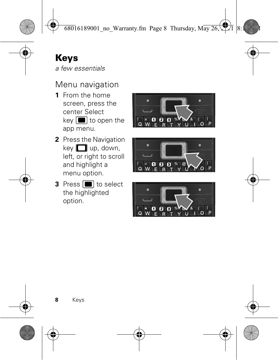 Keys, Menu navigation | Motorola EX109 User Manual | Page 10 / 68