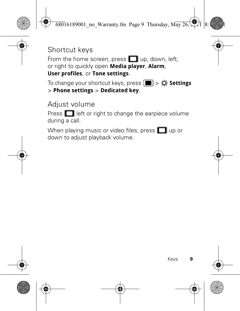 Shortcut keys, Adjust volume | Motorola EX109 User Manual | Page 11 / 68