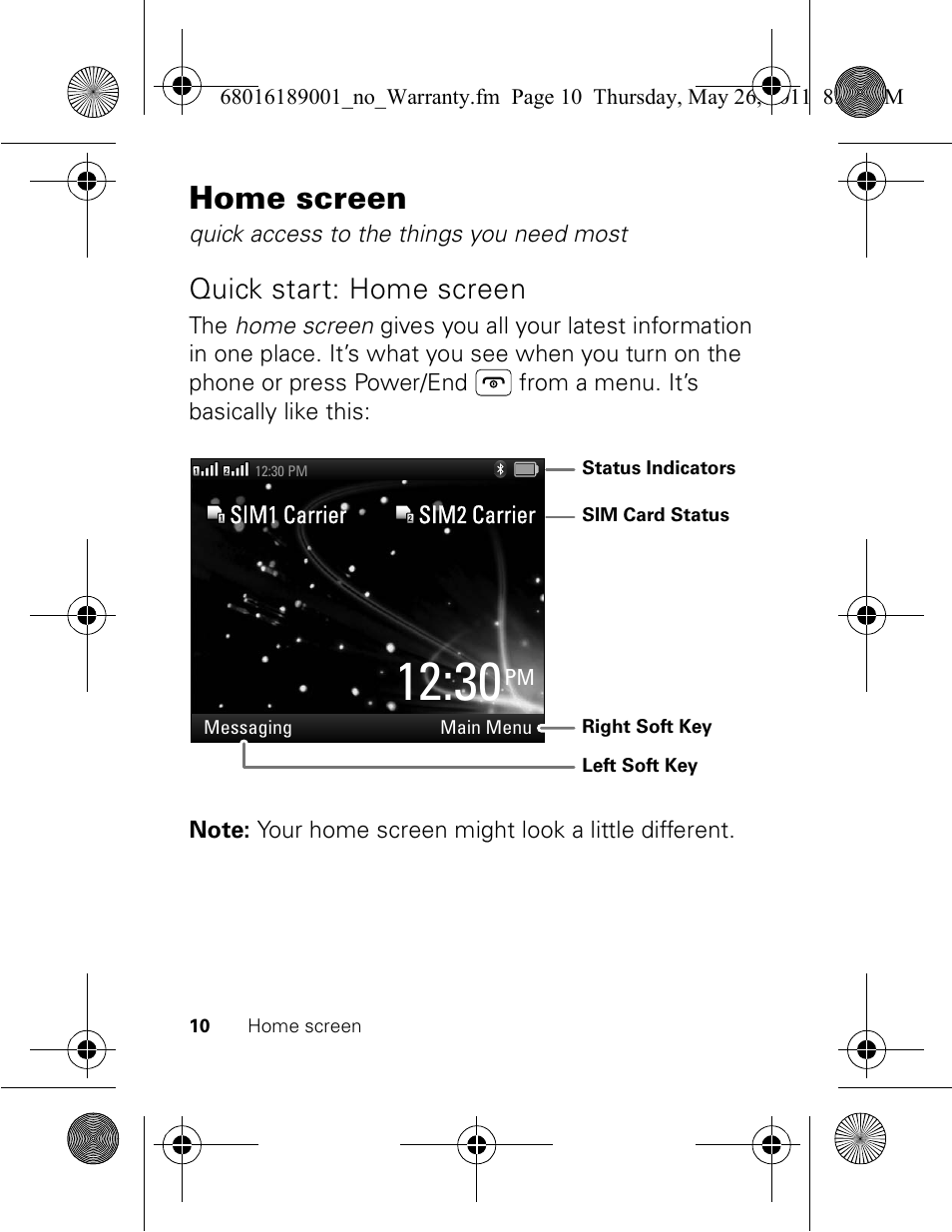 Home screen, Quick start: home screen | Motorola EX109 User Manual | Page 12 / 68