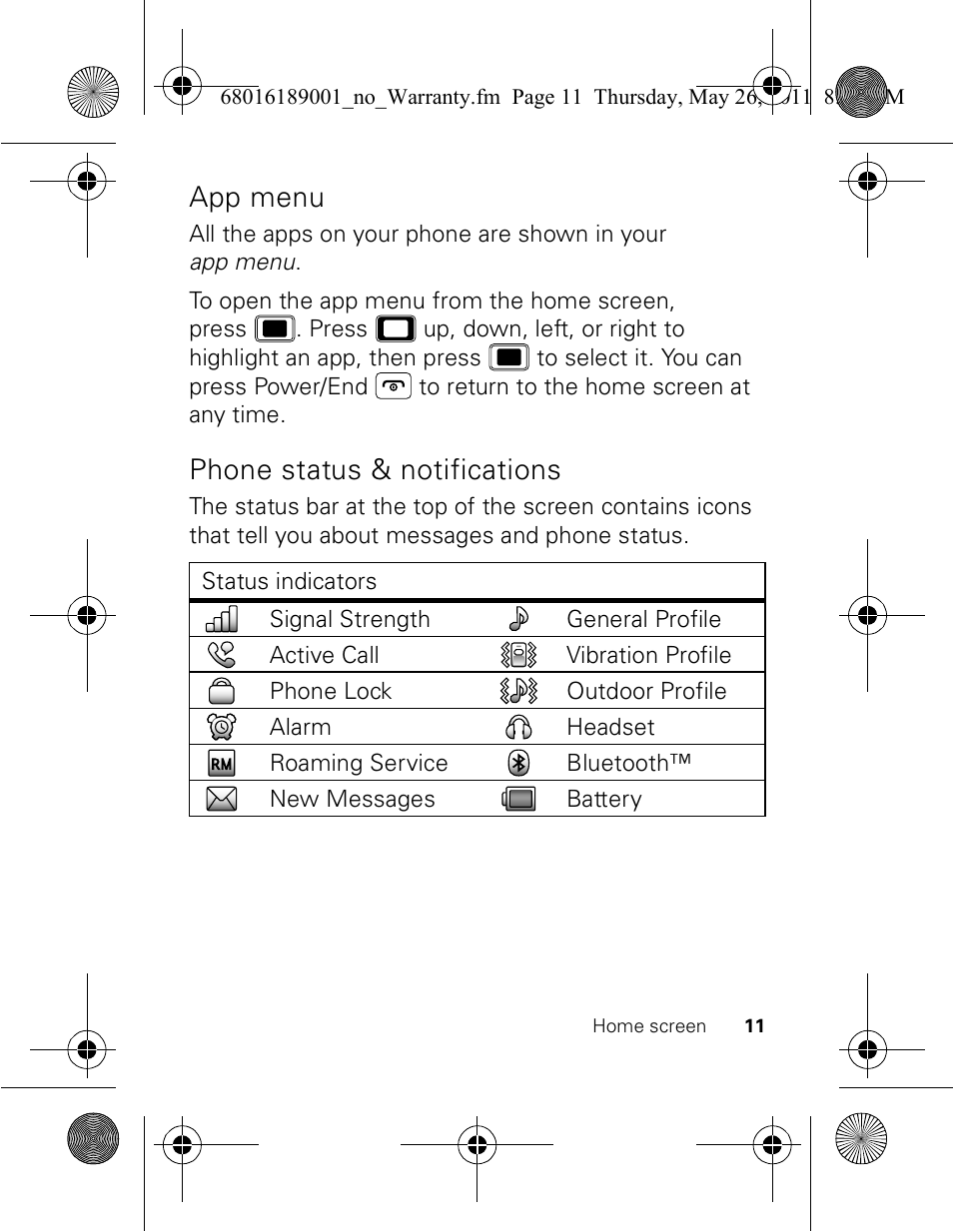 App menu, Phone status & notifications | Motorola EX109 User Manual | Page 13 / 68