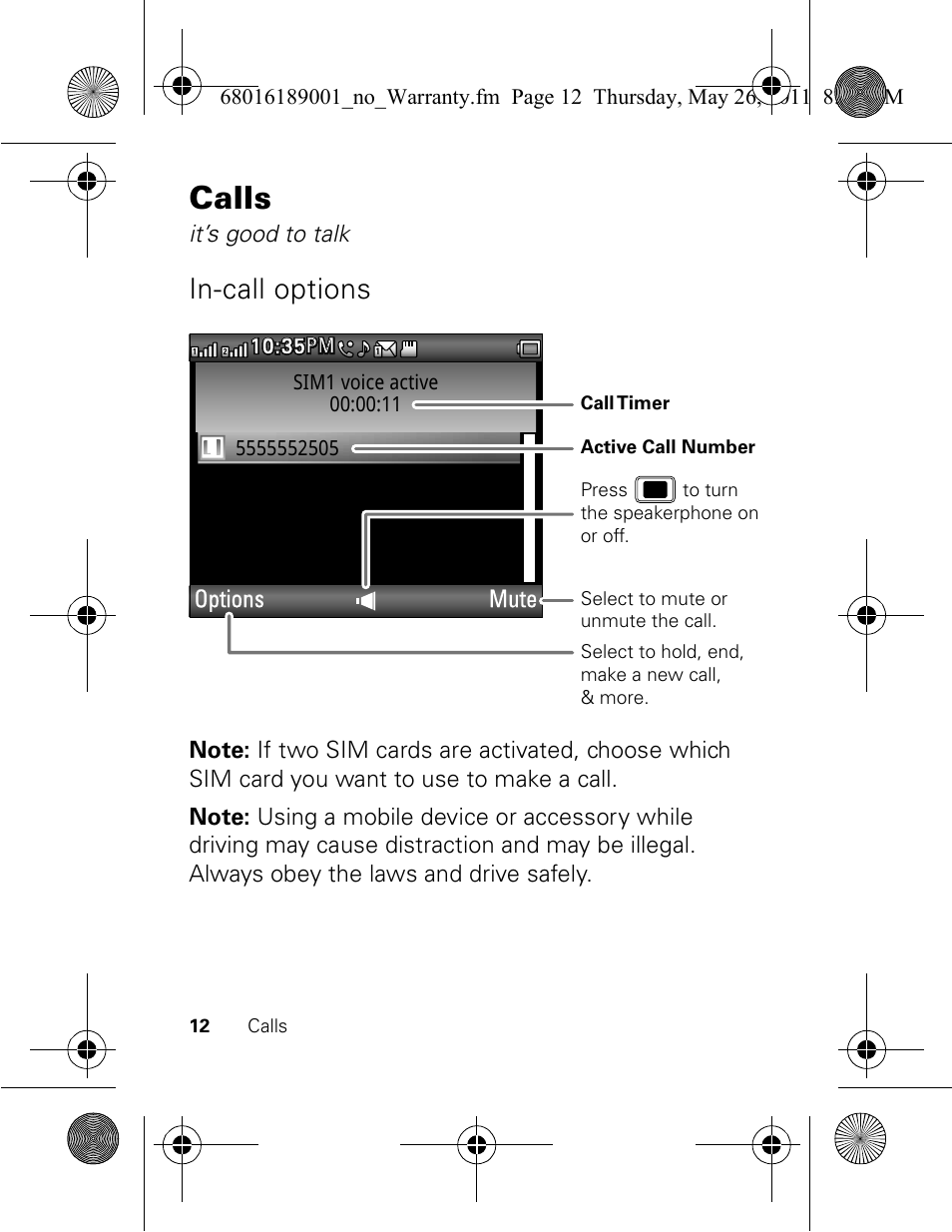 Calls, In-call options | Motorola EX109 User Manual | Page 14 / 68