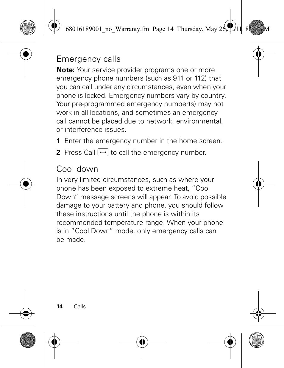 Emergency calls, Cool down | Motorola EX109 User Manual | Page 16 / 68
