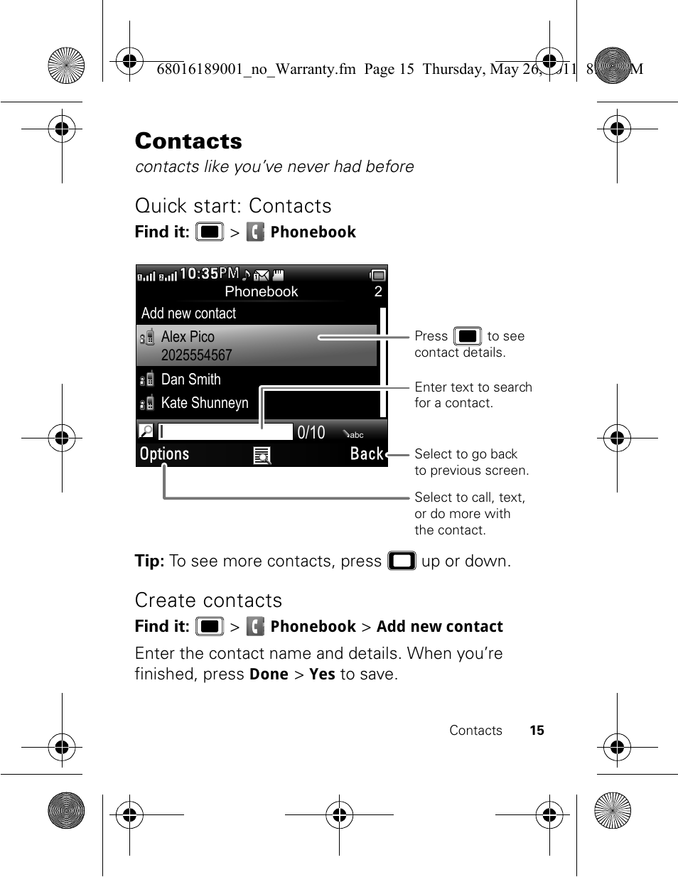 Contacts, Quick start: contacts, Create contacts | Motorola EX109 User Manual | Page 17 / 68