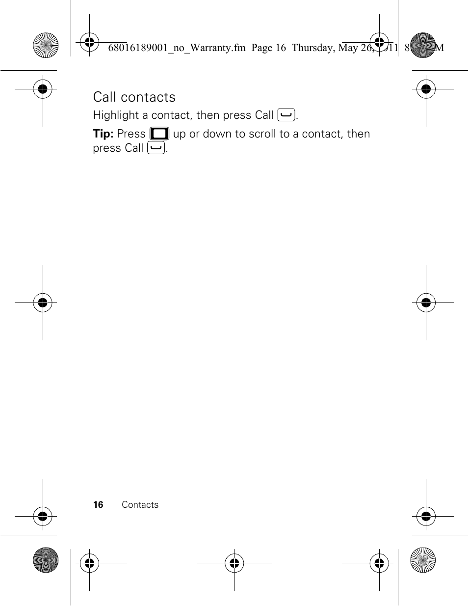 Call contacts | Motorola EX109 User Manual | Page 18 / 68