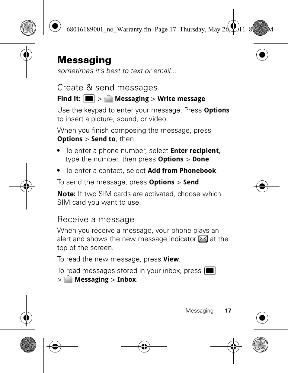 Messaging, Create & send messages, Receive a message | Motorola EX109 User Manual | Page 19 / 68