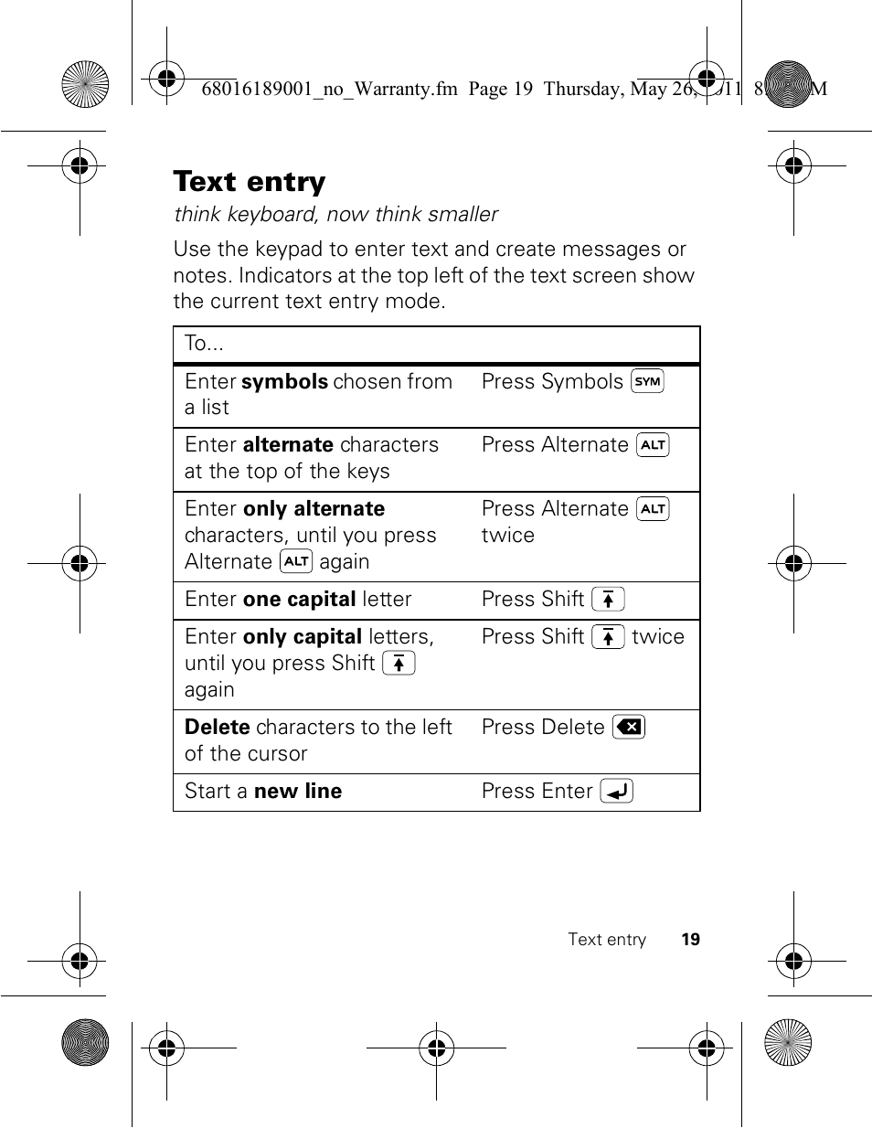 Text entry | Motorola EX109 User Manual | Page 21 / 68