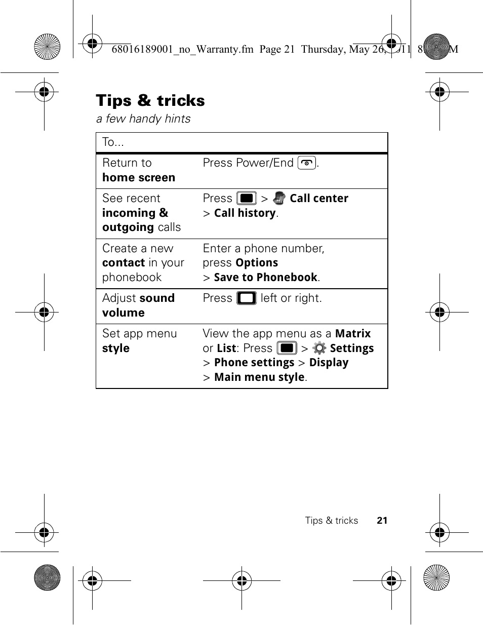 Tips & tricks | Motorola EX109 User Manual | Page 23 / 68