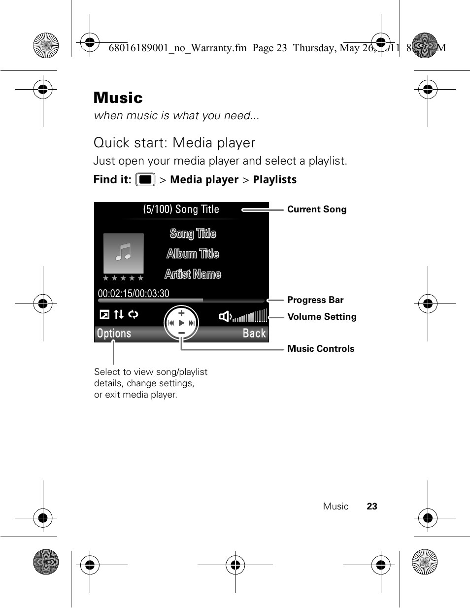 Music, Quick start: media player | Motorola EX109 User Manual | Page 25 / 68