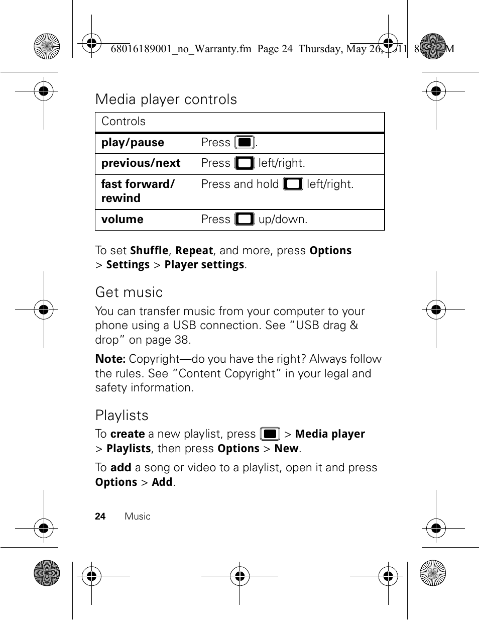 Media player controls, Get music, Playlists | Motorola EX109 User Manual | Page 26 / 68