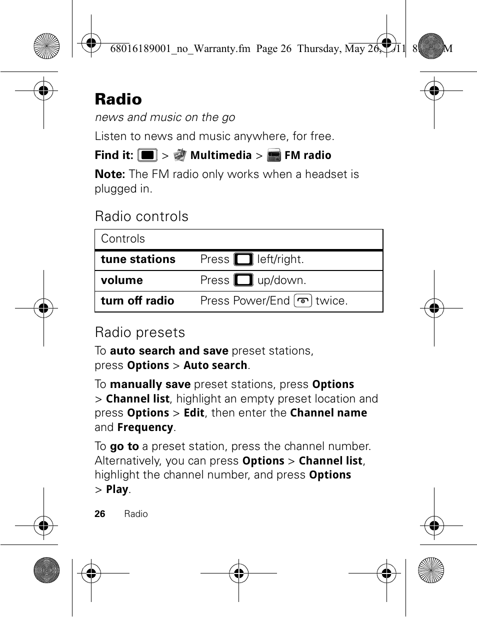 Radio, Radio controls radio presets | Motorola EX109 User Manual | Page 28 / 68