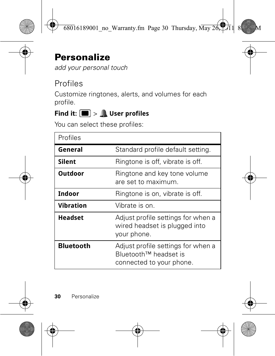 Personalize, Profiles | Motorola EX109 User Manual | Page 32 / 68