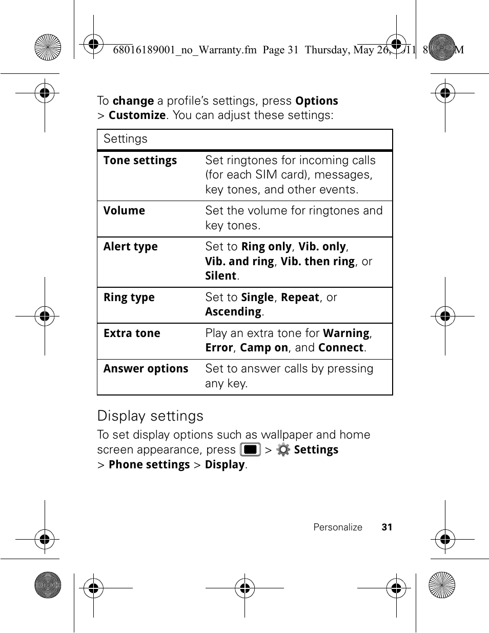 Display settings | Motorola EX109 User Manual | Page 33 / 68