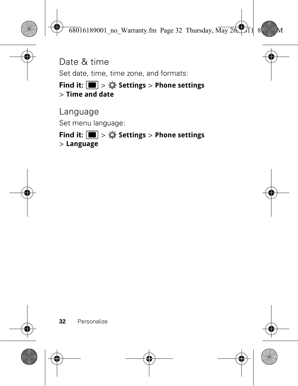 Date & time, Language | Motorola EX109 User Manual | Page 34 / 68