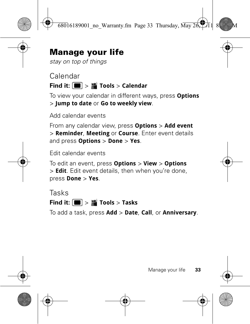 Manage your life, Calendar, Tasks | Motorola EX109 User Manual | Page 35 / 68