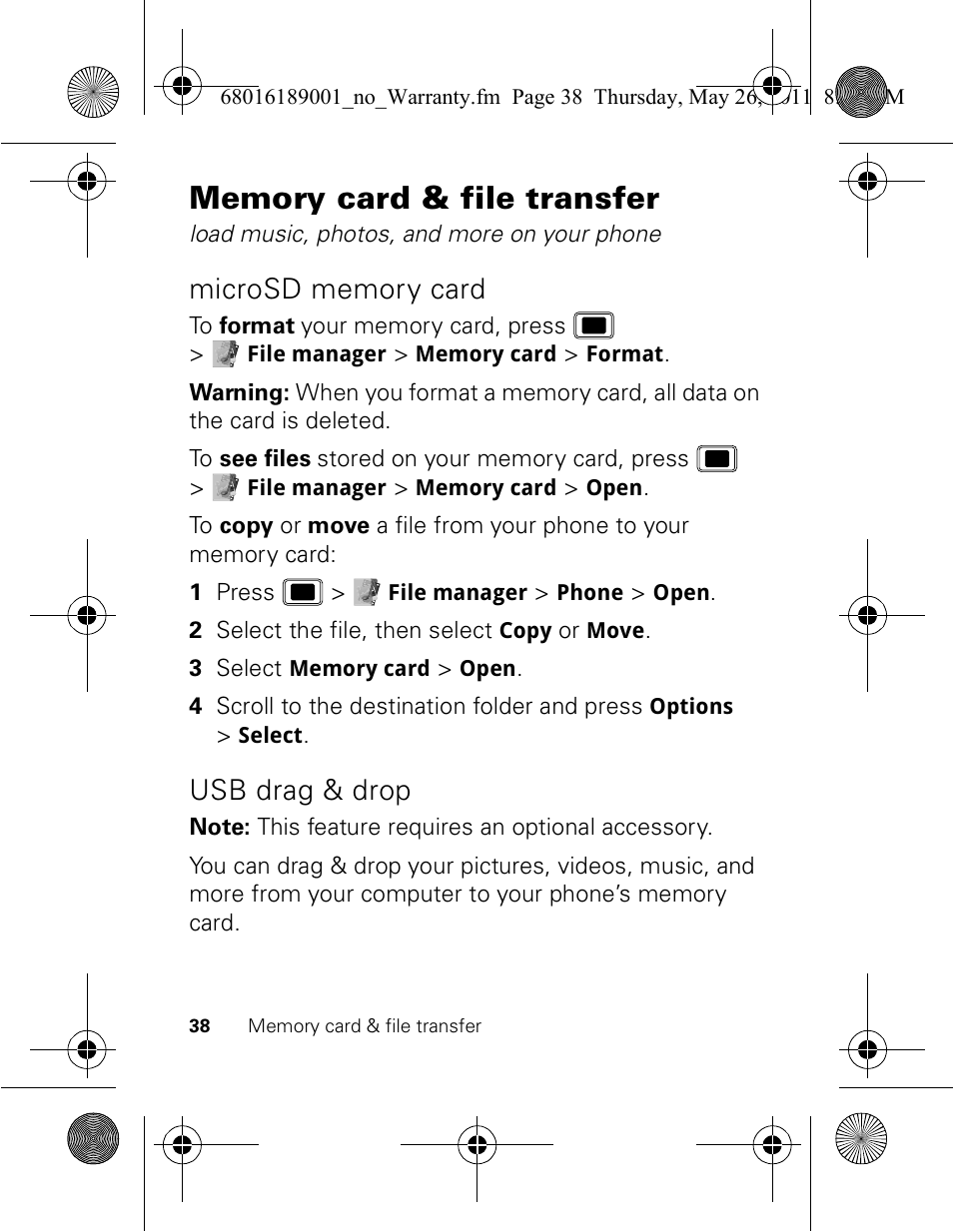 Usb drag & drop | Motorola EX109 User Manual | Page 40 / 68