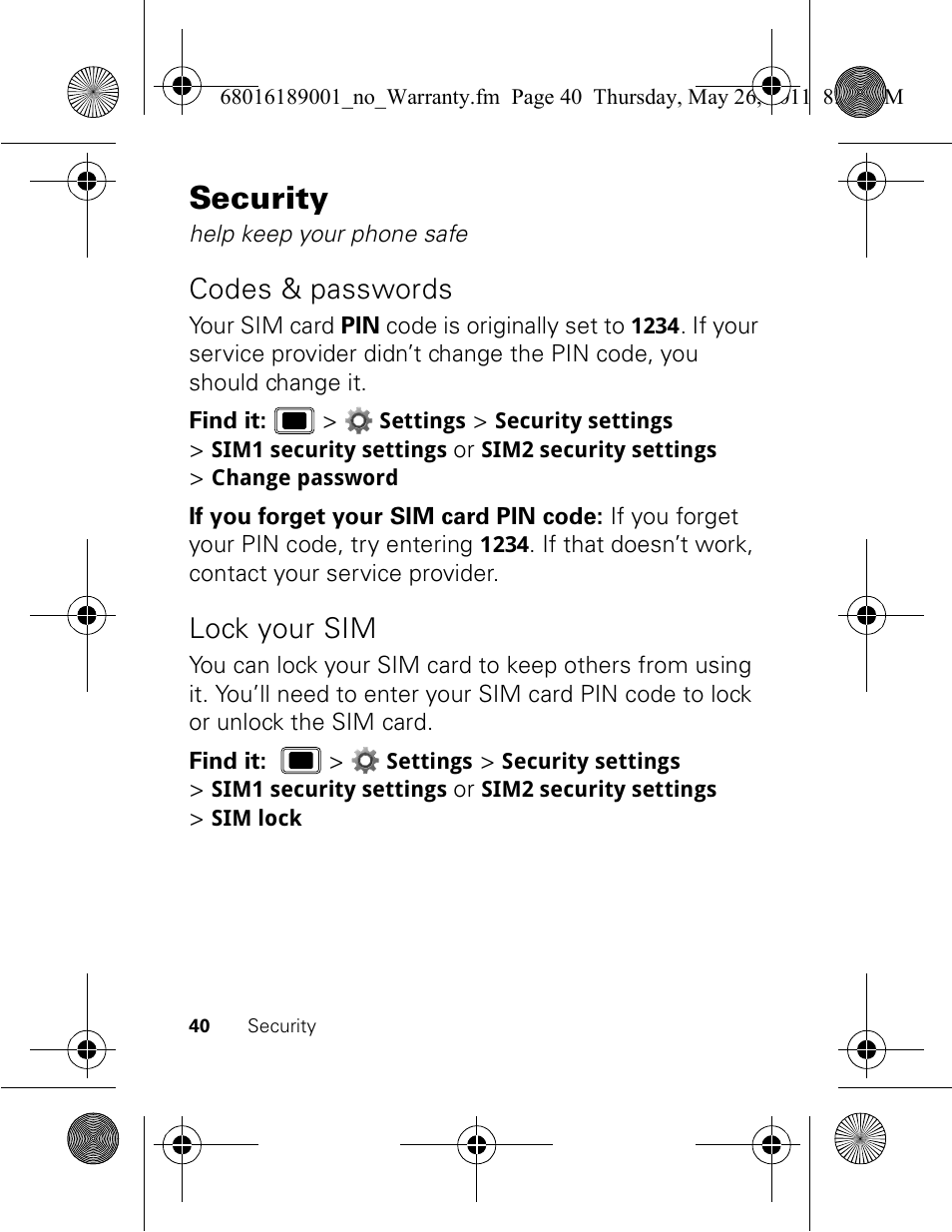 Security, Codes & passwords, Lock your sim | Motorola EX109 User Manual | Page 42 / 68
