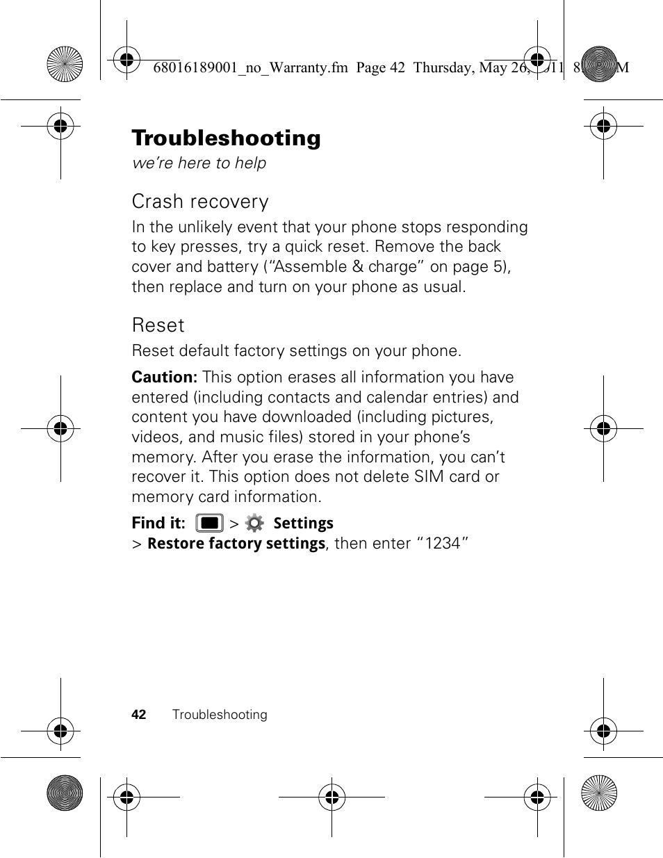 Troubleshooting, Crash recovery, Reset | Motorola EX109 User Manual | Page 44 / 68