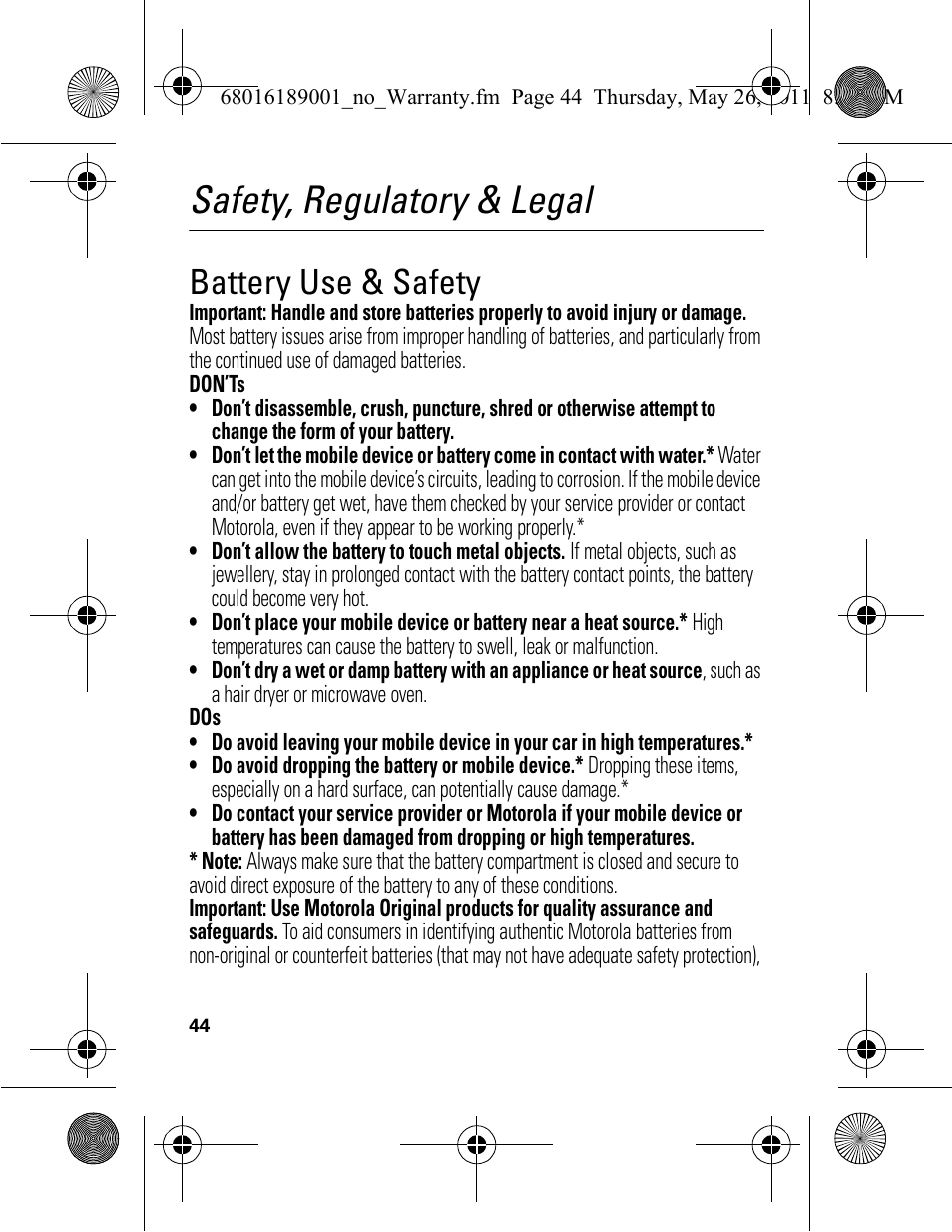 Safety, regulatory & legal, Battery use & safety | Motorola EX109 User Manual | Page 46 / 68