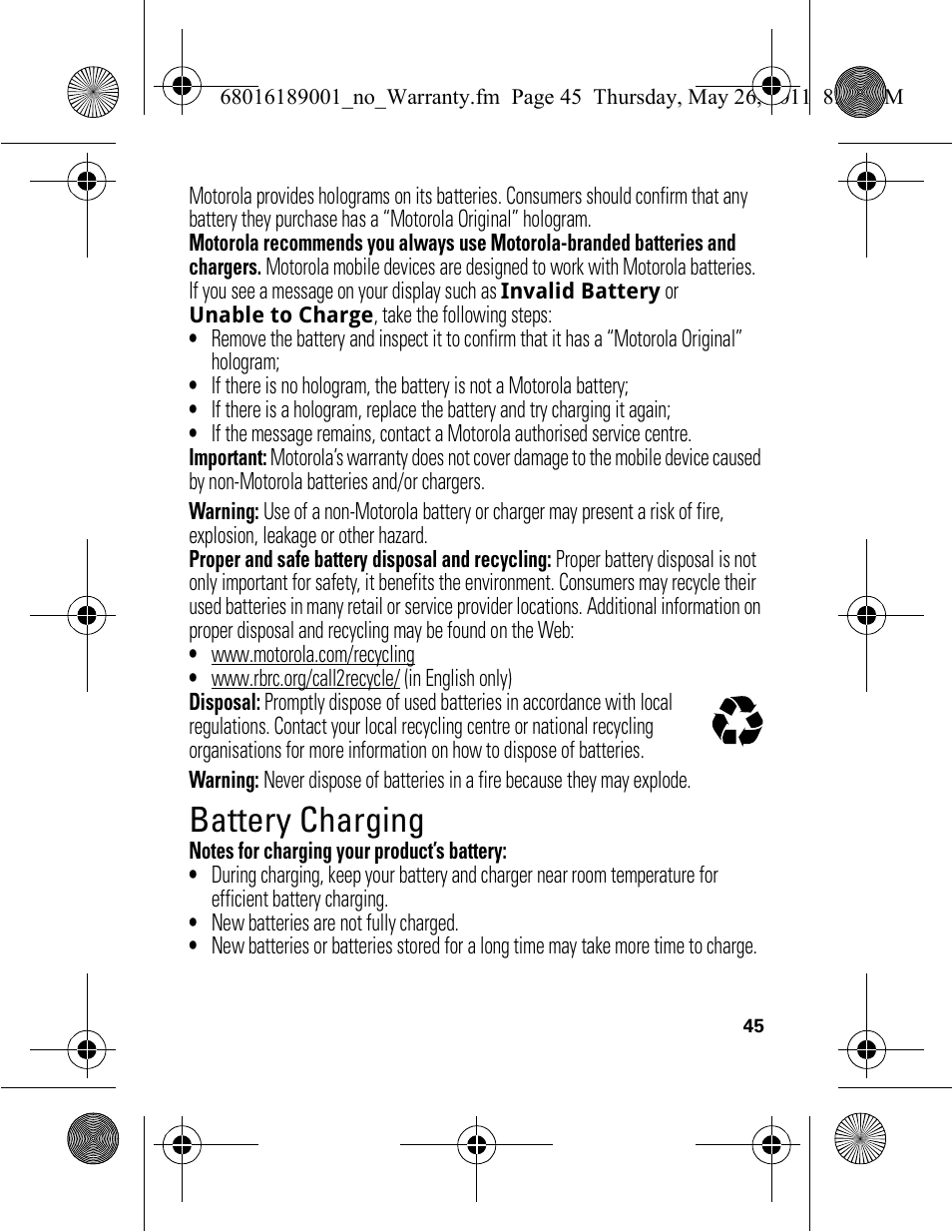 Battery charging | Motorola EX109 User Manual | Page 47 / 68