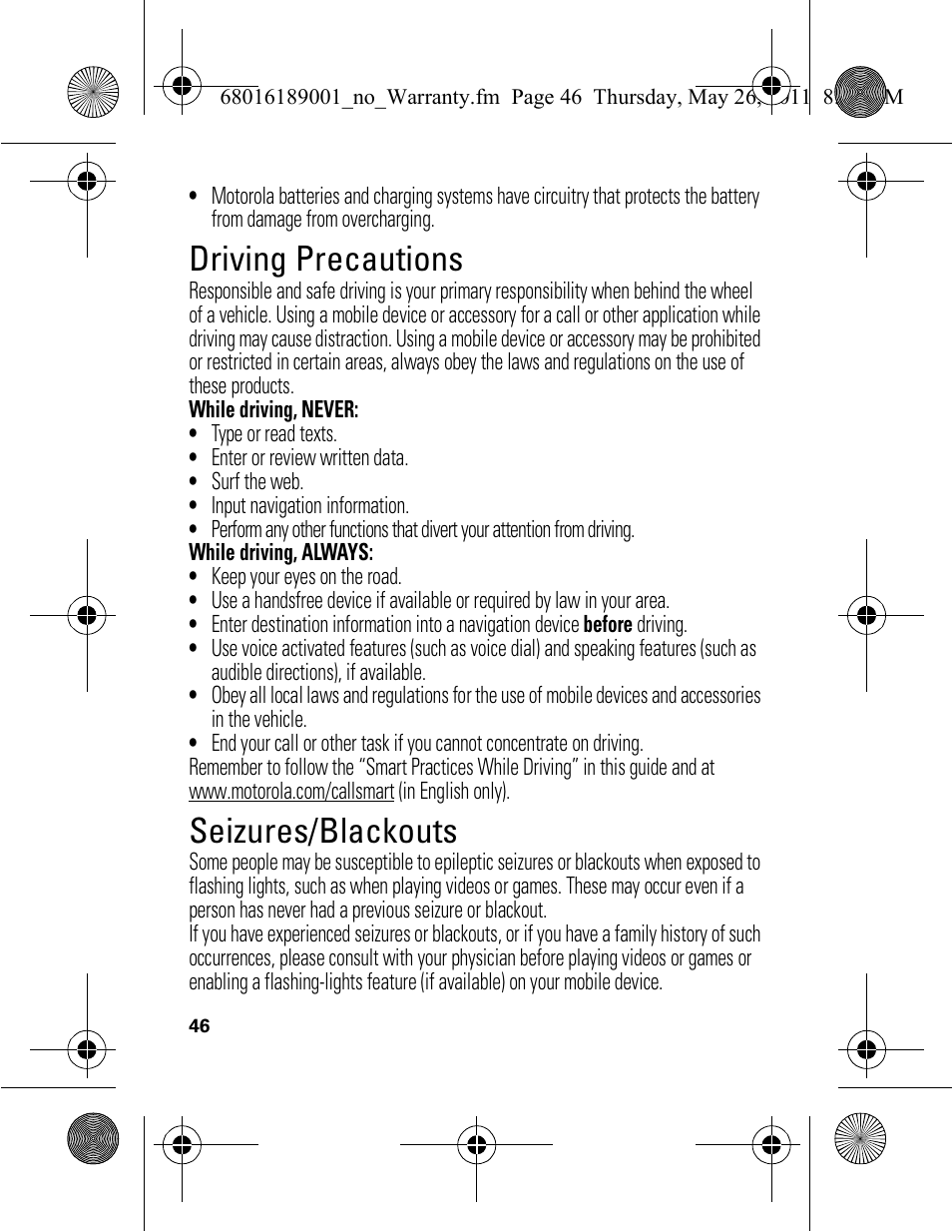 Driving precautions, Seizures/blackouts | Motorola EX109 User Manual | Page 48 / 68