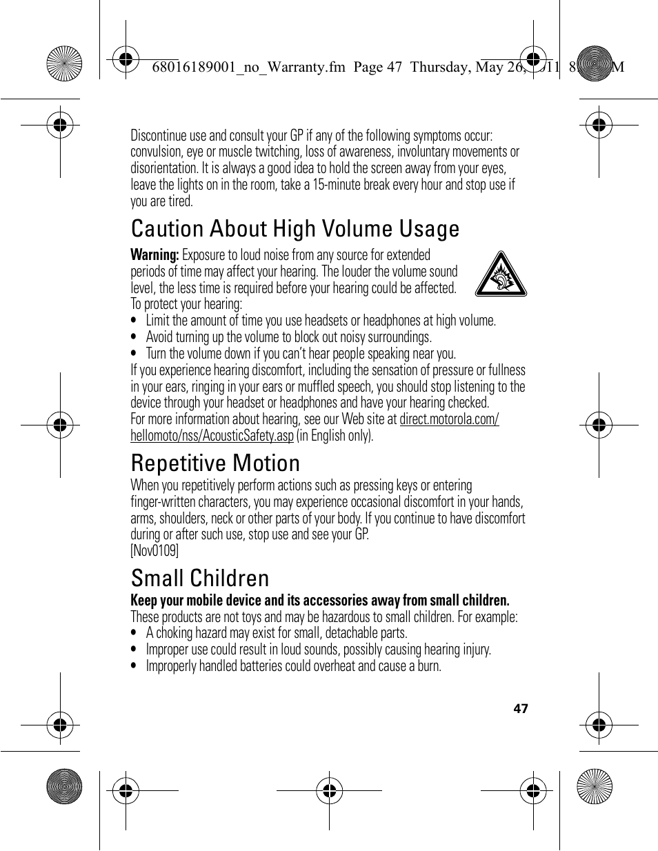 Caution about high volume usage, Repetitive motion, Small children | Motorola EX109 User Manual | Page 49 / 68