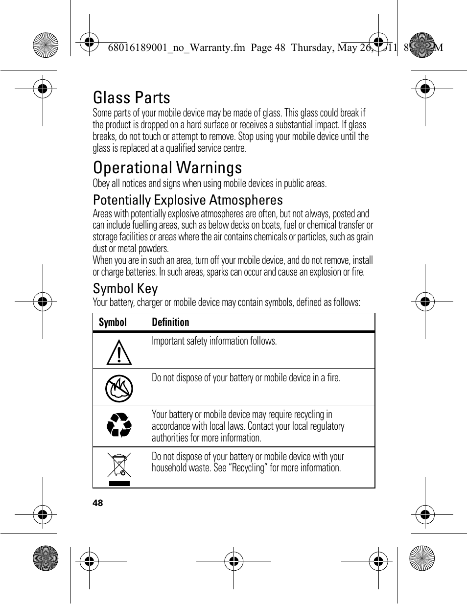 Glass parts, Operational warnings, Potentially explosive atmospheres | Symbol key | Motorola EX109 User Manual | Page 50 / 68