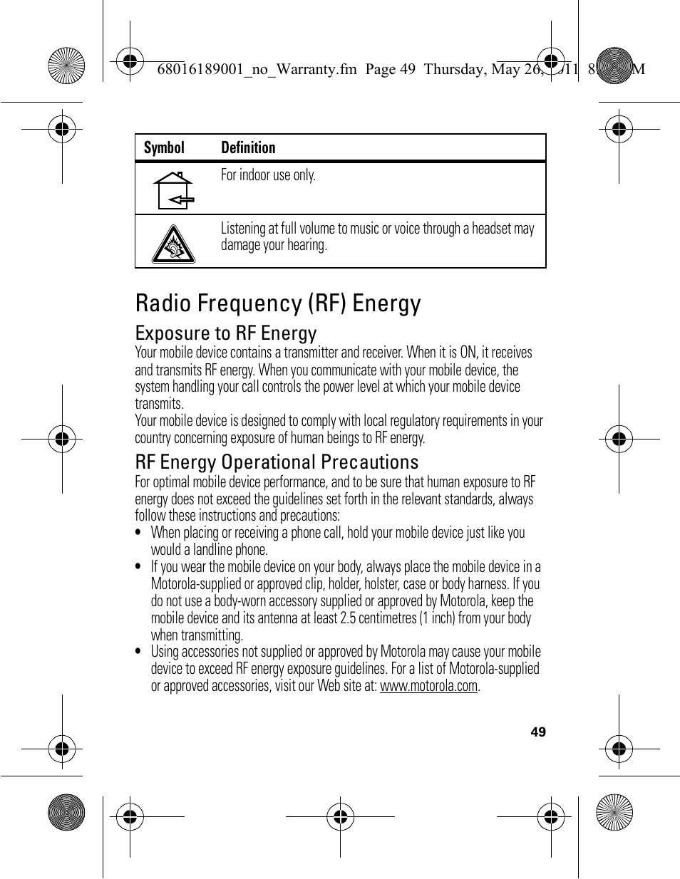 Radio frequency (rf) energy, Exposure to rf energy, Rf energy operational precautions | Motorola EX109 User Manual | Page 51 / 68