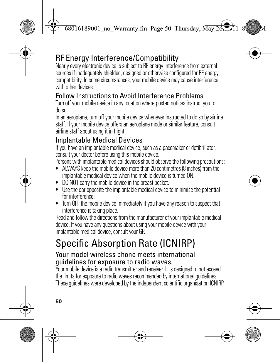 Specific absorption rate (icnirp), Rf energy interference/compatibility | Motorola EX109 User Manual | Page 52 / 68