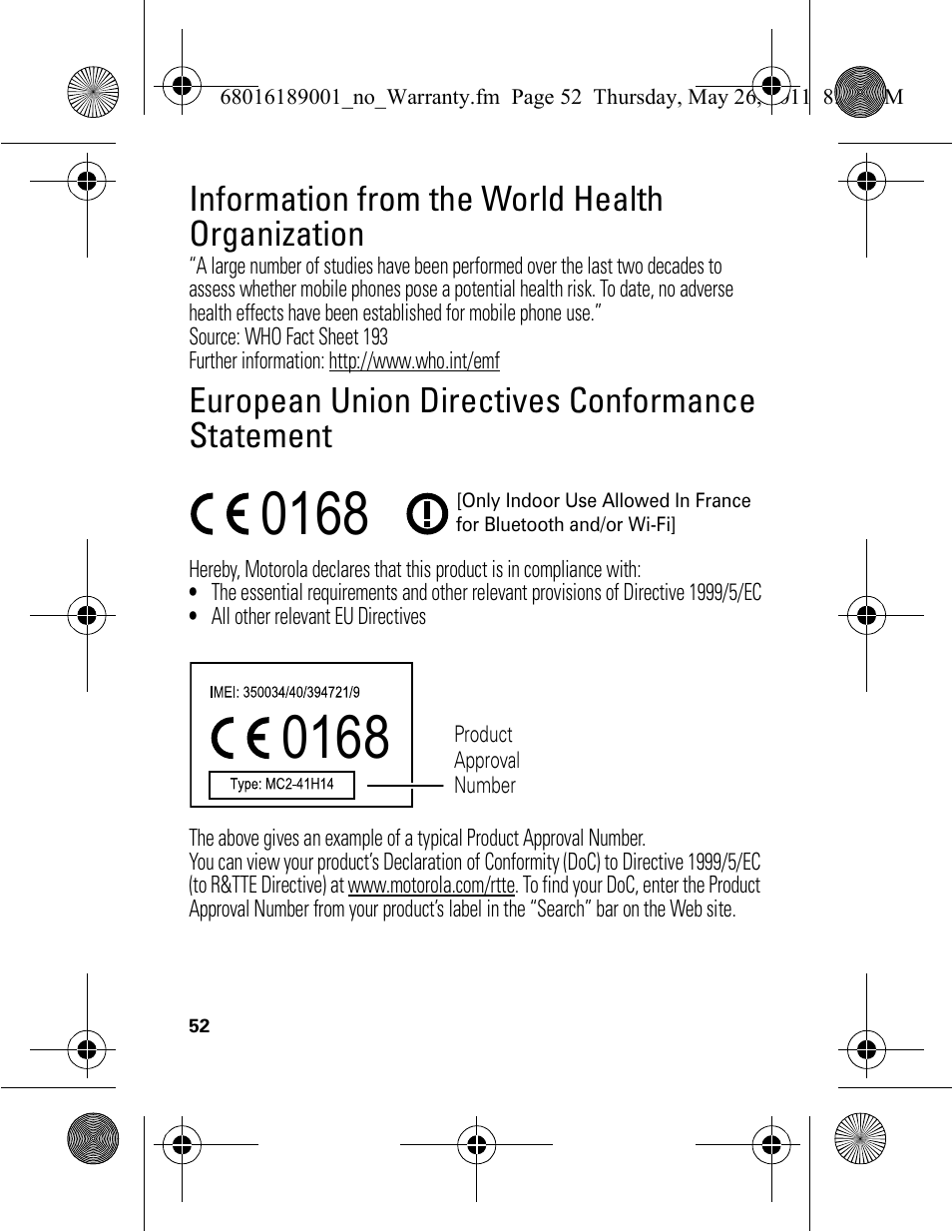 Information from the world health organization, European union directives conformance statement | Motorola EX109 User Manual | Page 54 / 68