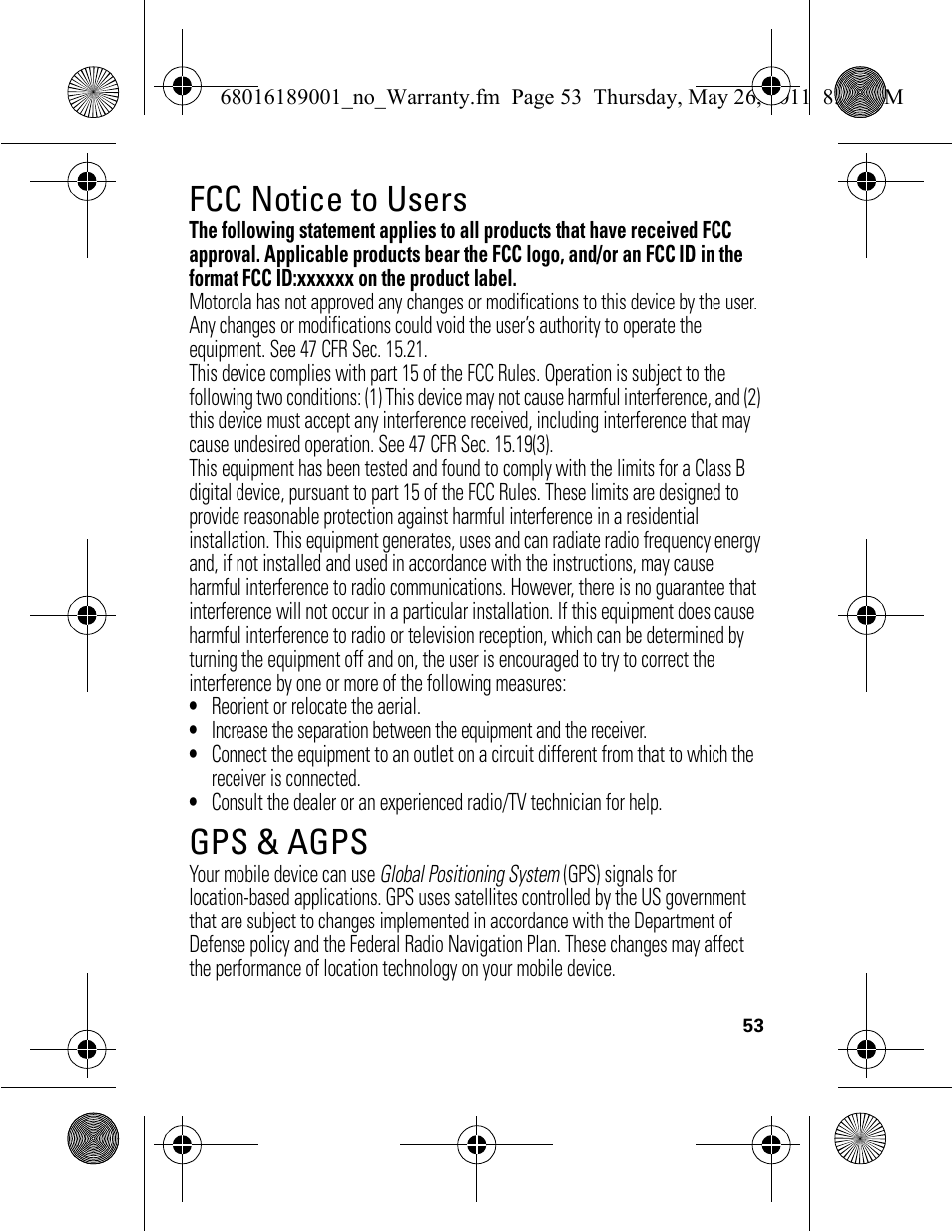 Fcc notice to users, Gps & agps | Motorola EX109 User Manual | Page 55 / 68