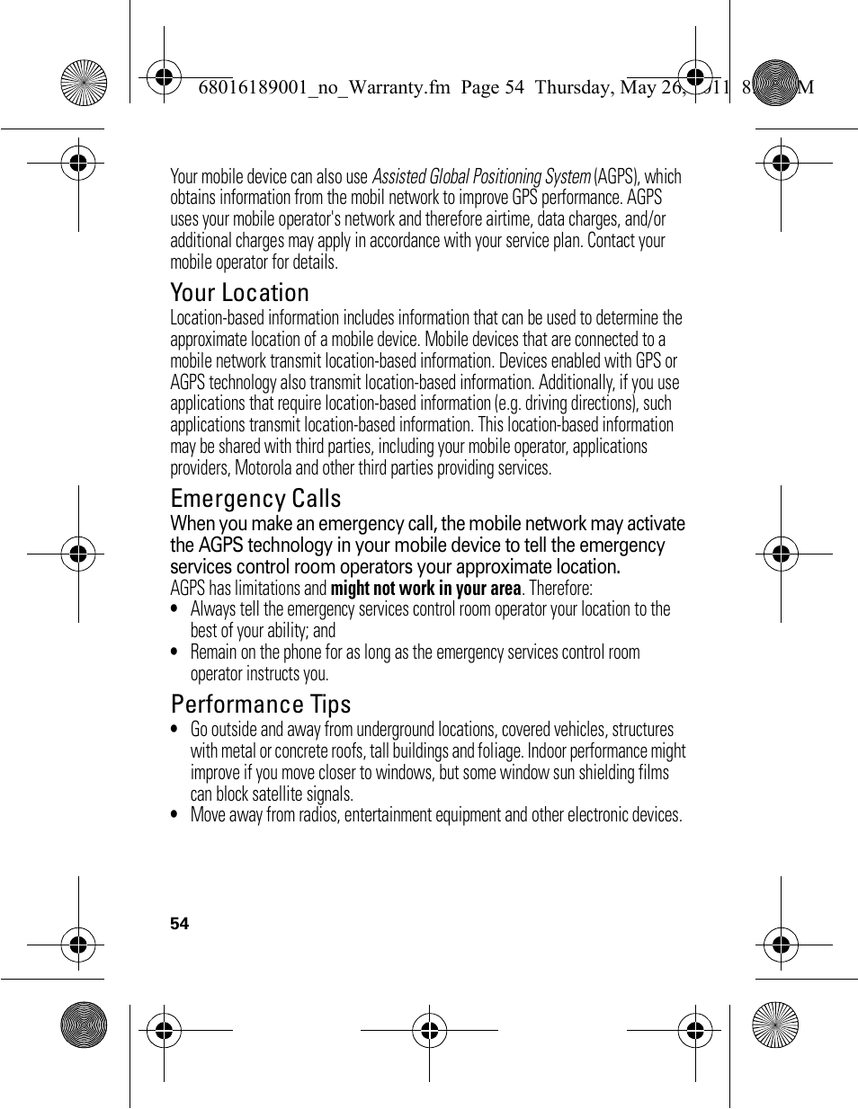 Your location, Emergency calls, Performance tips | Motorola EX109 User Manual | Page 56 / 68