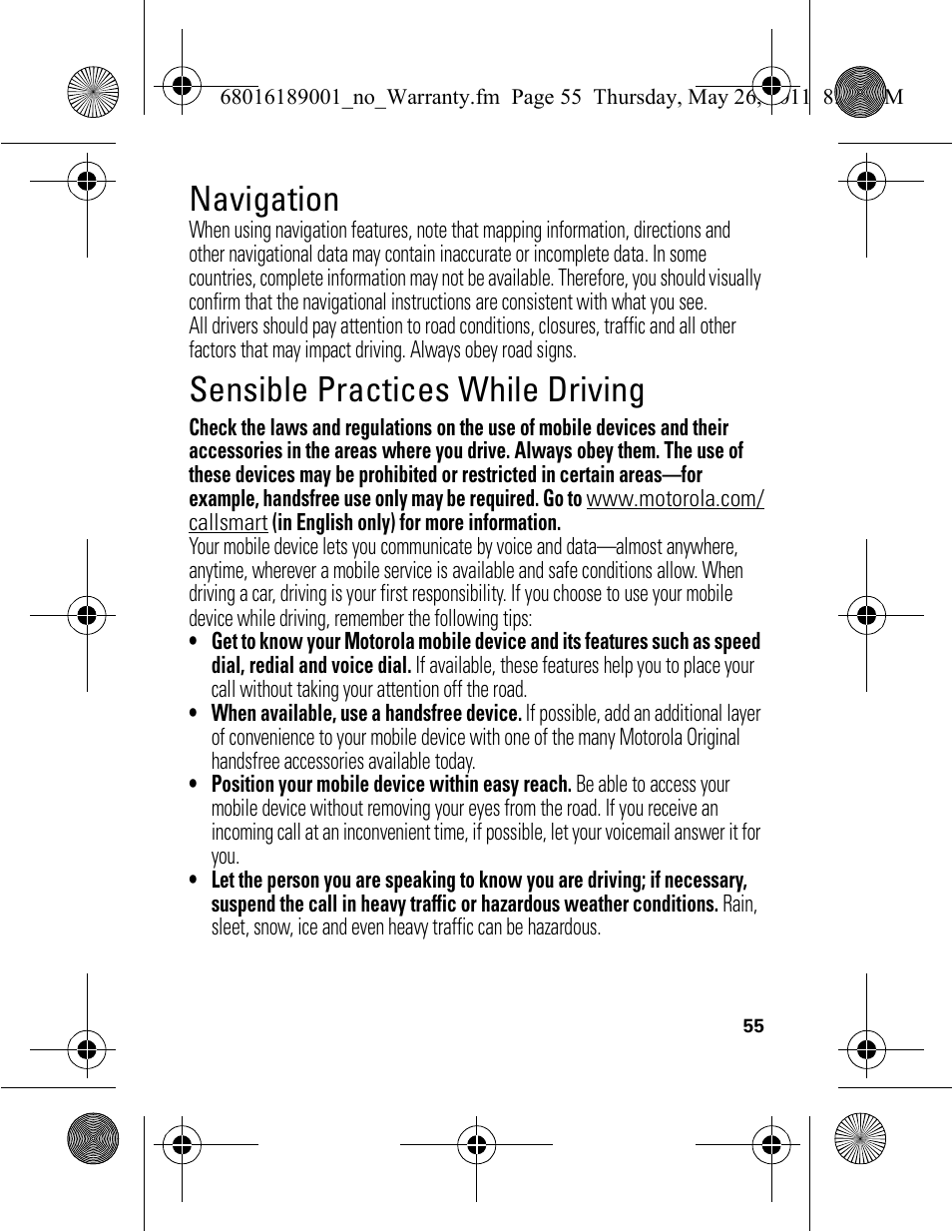 Navigation, Sensible practices while driving | Motorola EX109 User Manual | Page 57 / 68