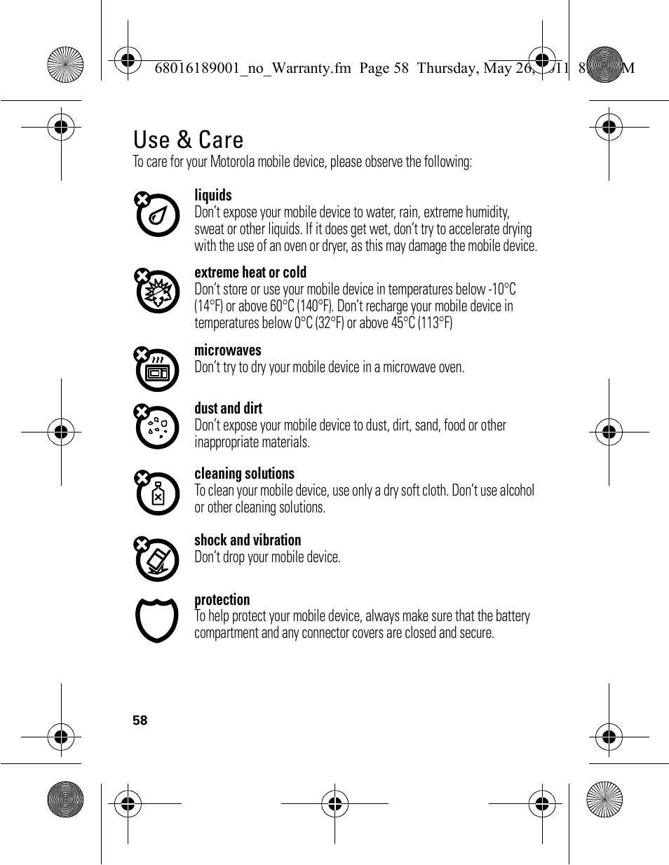 Use & care | Motorola EX109 User Manual | Page 60 / 68